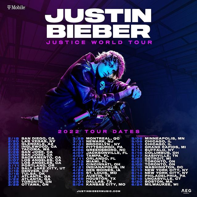 Justin Bieber announces the newest schedule for his Justice World Tour ...