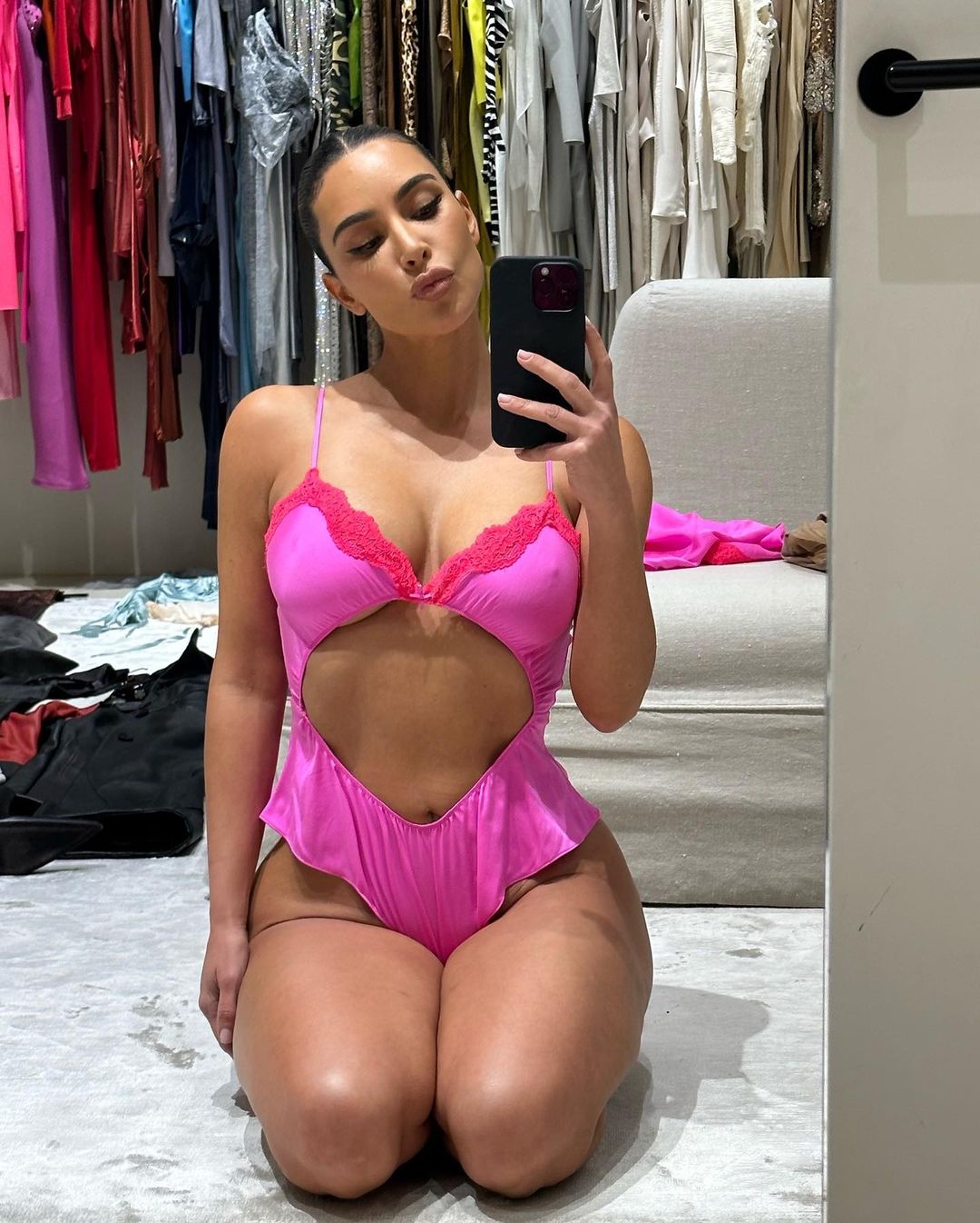 Kim Kardashian Models Her SKIMS Valentine's Day Collection In Sultry Selfies On Instagram