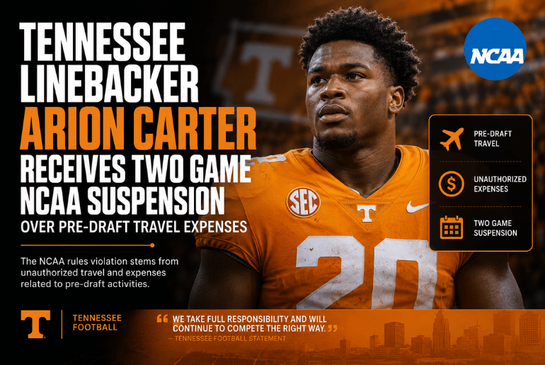 Tennessee Linebacker Arion Carter Receives Two Game NCAA Suspension Over Pre Draft Travel Expense