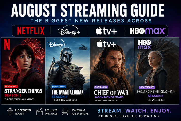 August Streaming Guide Brings Fresh Movies and Series to Netflix, Disney+, Apple TV+, and HBO Max